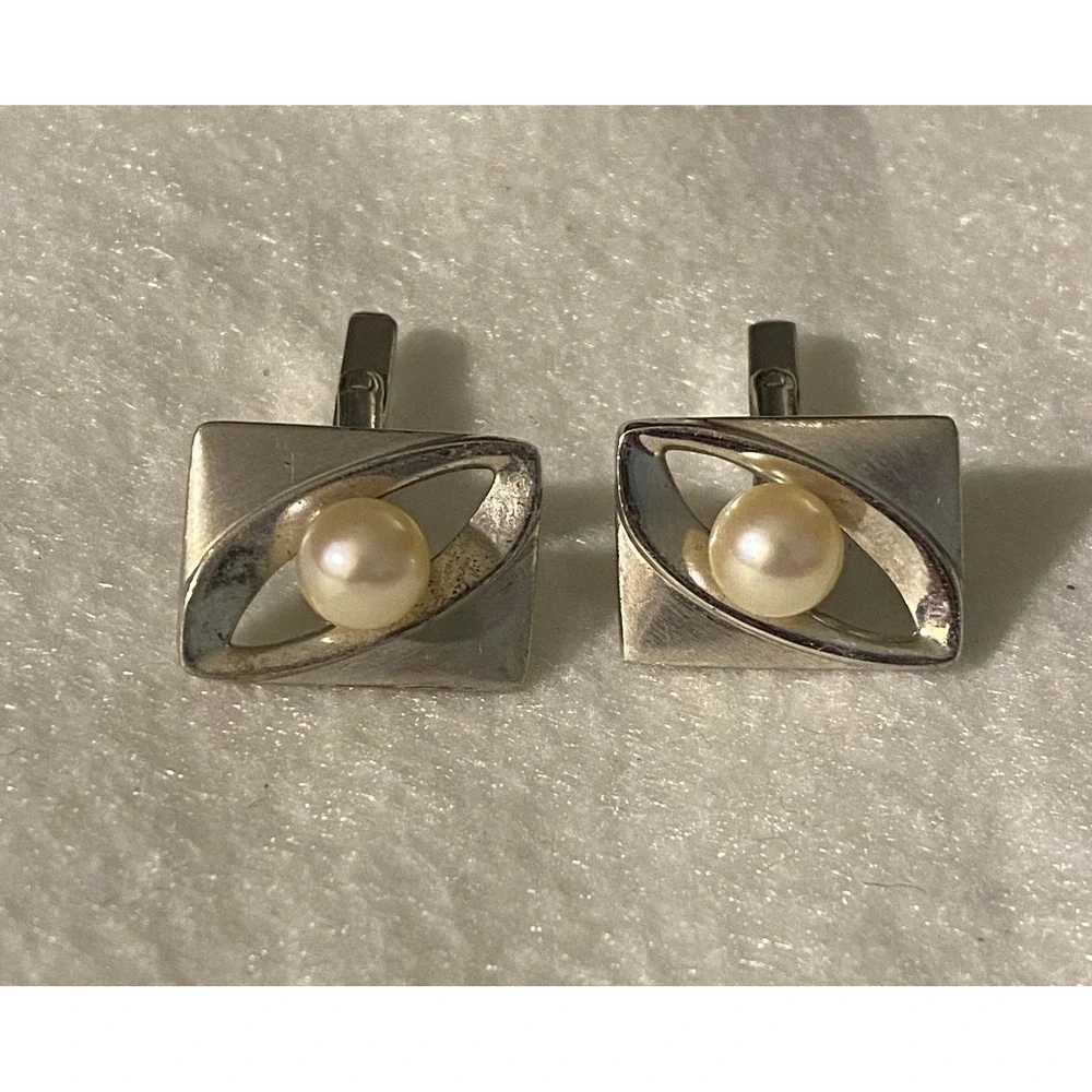 Mid Century Modern Sterling Cuff Links w/ 8 mm Genuine Pearls